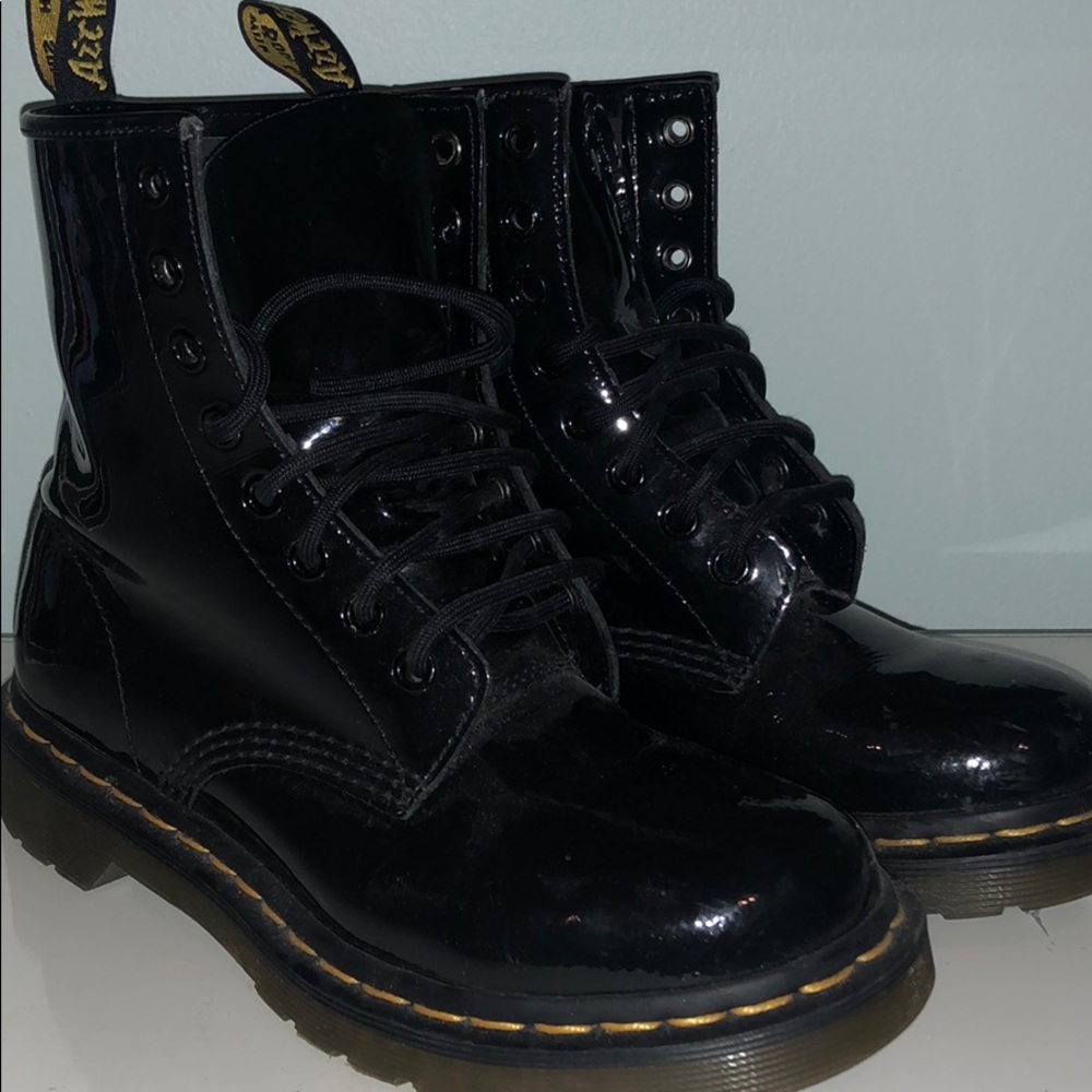 Dr. Martens Black Combat Moto Boots with Glossy Finish